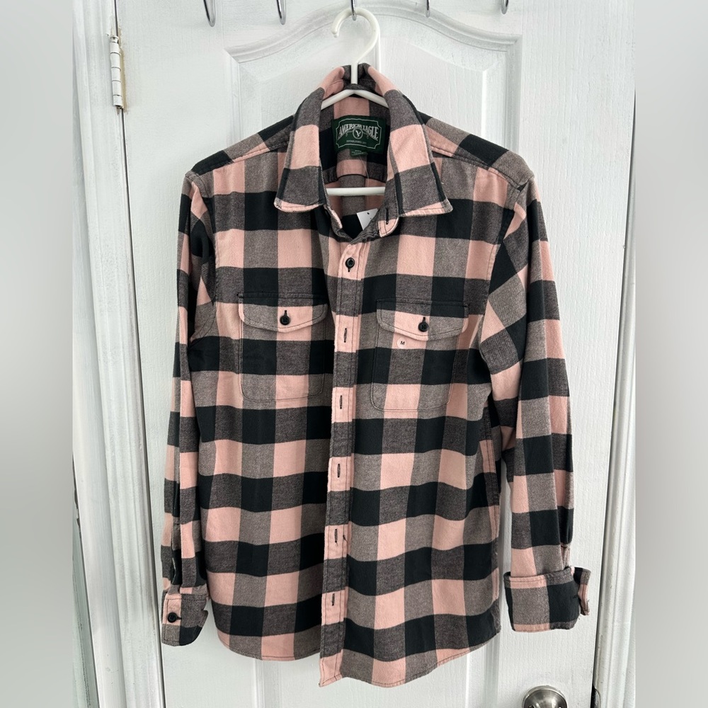 American Eagle Mens black Plaid Flannel Long Sleeve Button Up Shirt